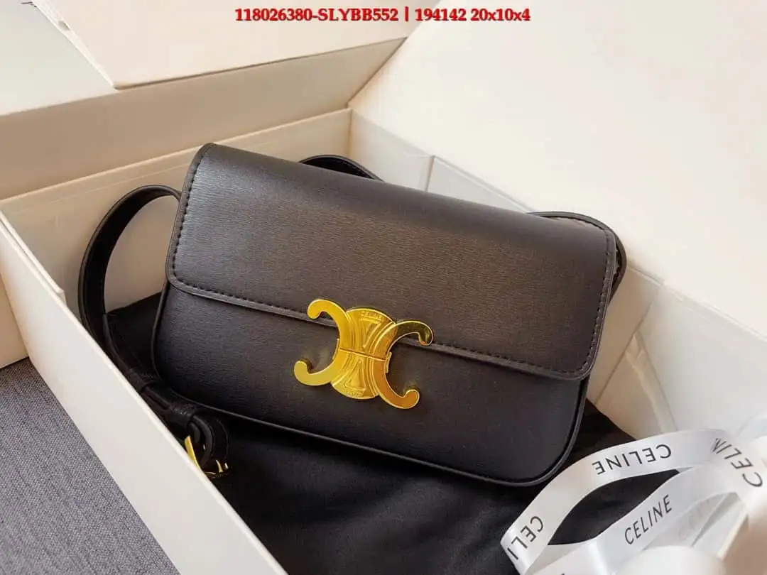 Celine Triomphe Shoulder Bag – Black Leather with Gold Clasp