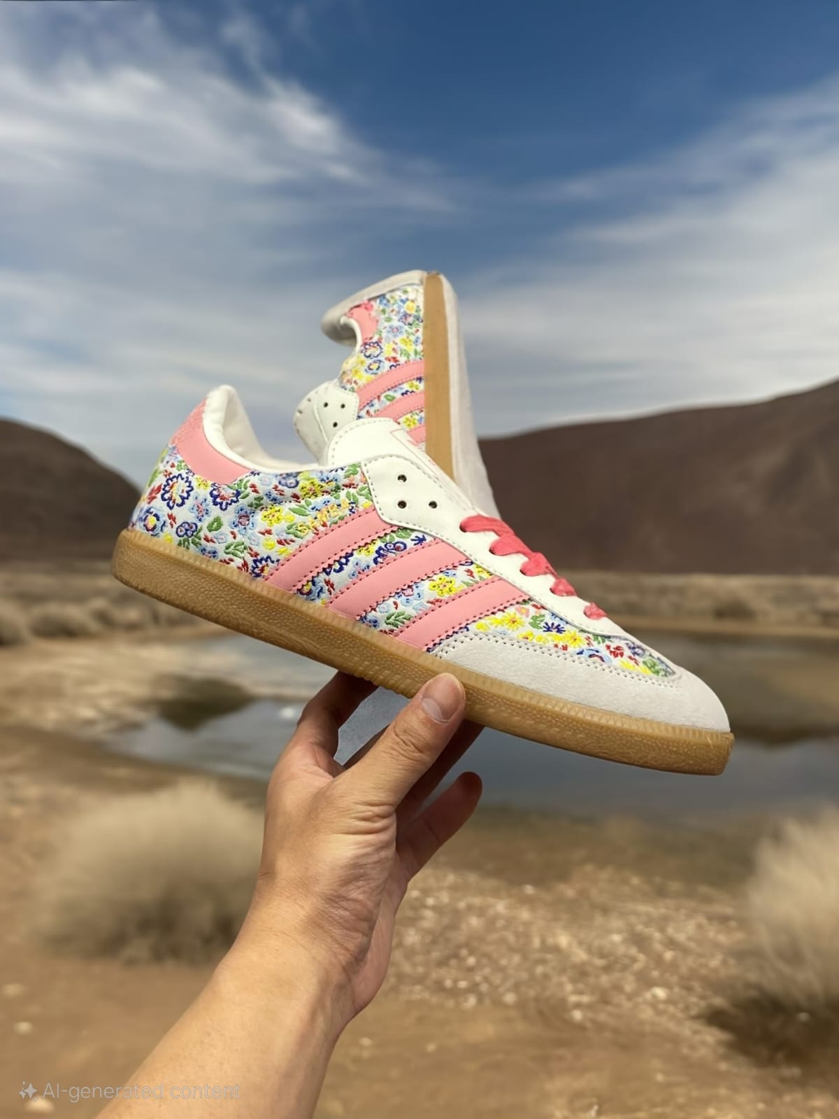 Floral Pop Edition Sneaker with pink stripes and floral embroidery