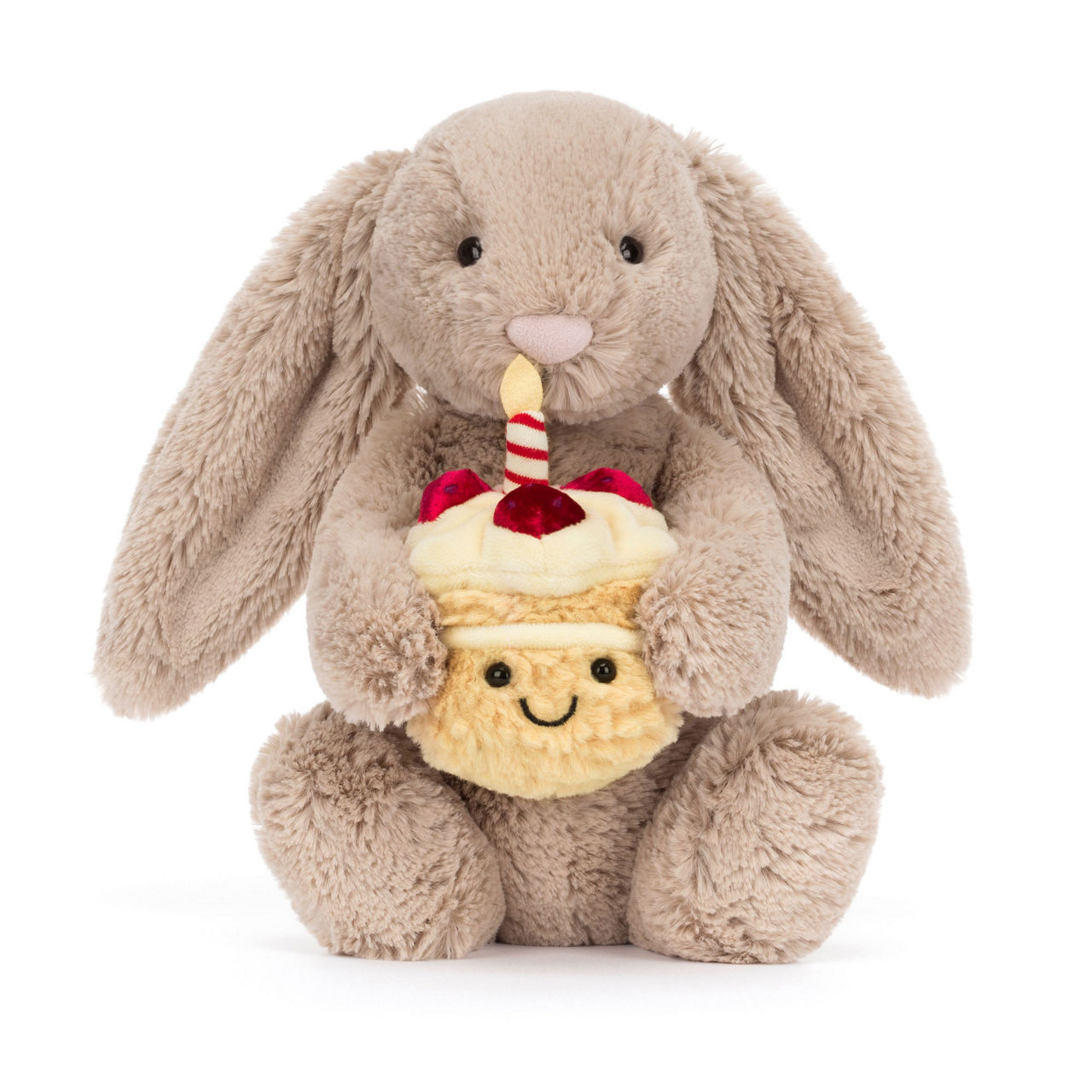 Bashful Beige Birthday Bunny 31cm collector plush holding cupcake