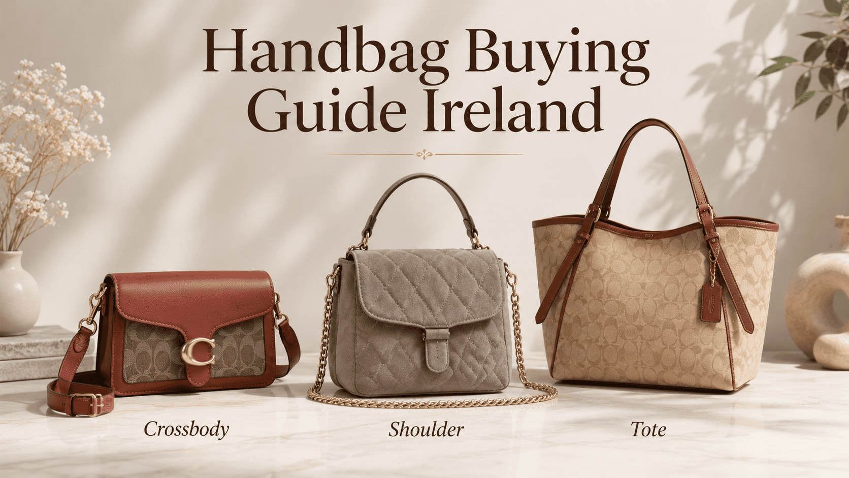 Handbag buying guide Ireland showing crossbody, tote and shoulder bag styles