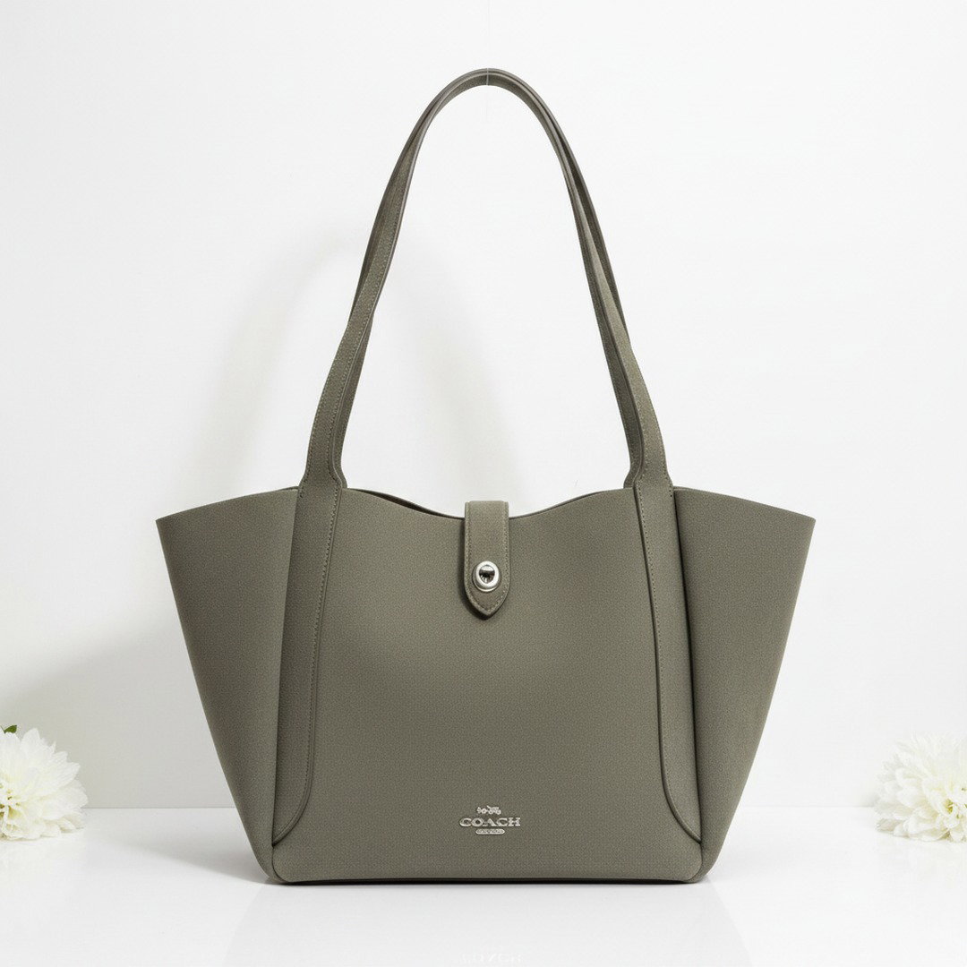 taupe suede shoulder tote bag turn lock