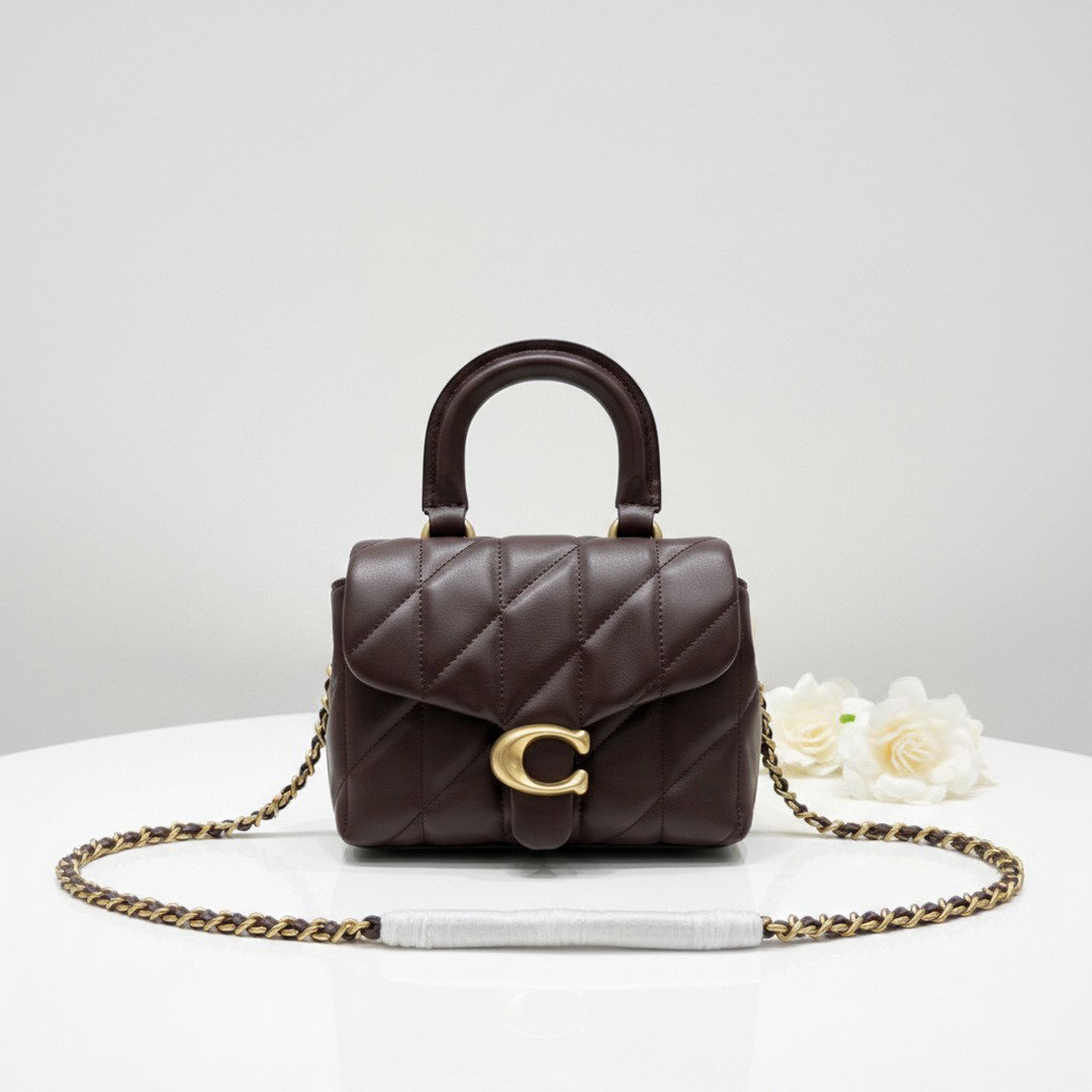 dark brown top handle crossbody bag 20cm quilted chain