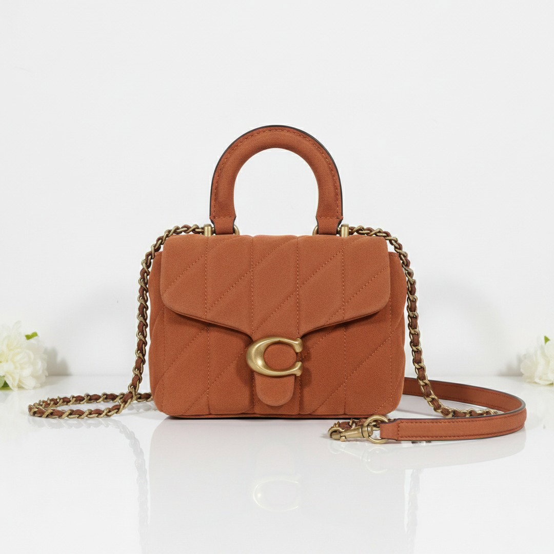 tan suede top handle crossbody bag 20cm quilted chain